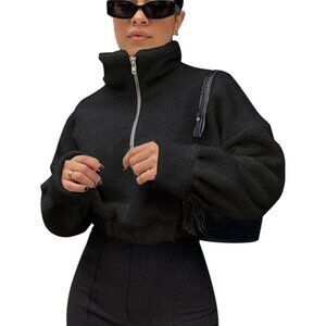 Women's Black Faux Fur Pullover Half Zip Long Sleeve Crop Sweatshirt Tops